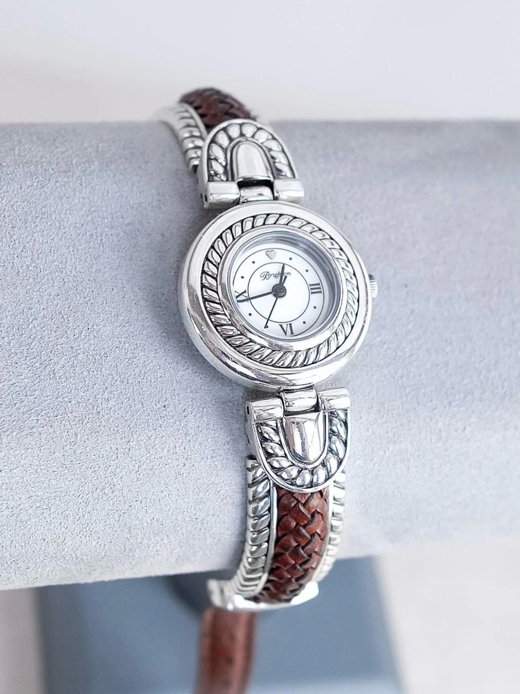 Brighton Laguna Silver-Tone Braided Brown Leather Watch 3113